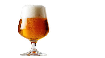 Golden beer in a stylish glass, topped with foam, isolated on white background.