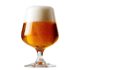 Golden beer in a stylish glass, topped with foam, isolated on white background.