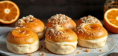 Soft vanilla buns topped with vibrant Seville orange marmalade & crunchy streusel, comfort food, baked goods