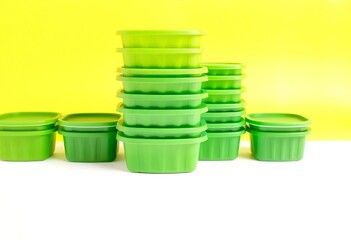 Stack of simple green plastic containers on white background , photography, shot