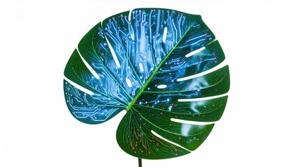 Green leaf with glowing circuit board design