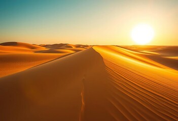 Sun-drenched golden sand dunes sculpted by wind, dramatic shadows cast by setting sun,  dramatic,  light