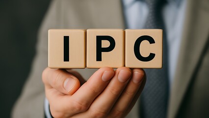 Businessman holding wooden blocks spelling out the acronym ipc