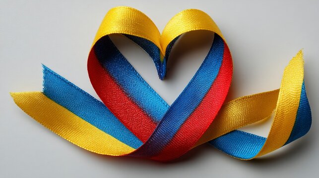 Colombian Flag Ribbon Forming a Heart Shape on White Background, Symbol of National Pride and Love, Minimal Style, Clean Composition Stock Photo

