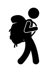 Stickman figure human cartoon silhouettes. person walking carrying a backpack.