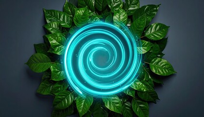 Green leaves frame glowing spiral