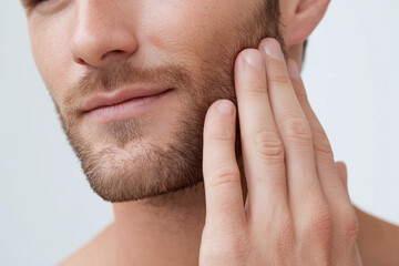 Fototapeta premium Close up of man hand gently touching his cheek with soft beard and smooth skin, showing care and tenderness in calm moment of self touch