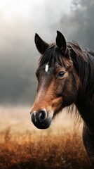 Obraz premium Majestic horse stands in misty meadow showcasing beauty and grace at dawn in serene natural setting