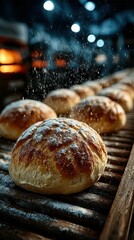 Freshly baked rolls cooling on a wooden rack in a warm bakery during early morning hours
