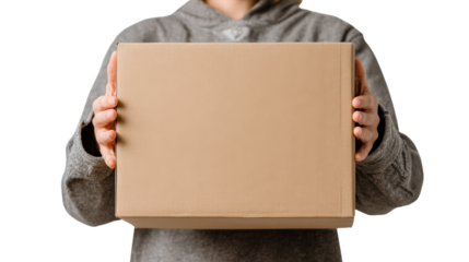 Person holding a cardboard box, isolated on a white background, suitable for delivery and shipping themes.