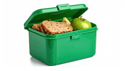 Green lunchbox with bread and apple