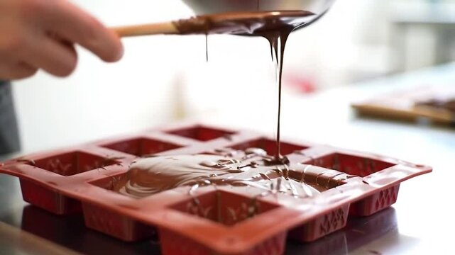 Melted chocolate being slowly poured into silicone molds to create chocolates
