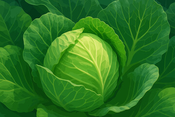 Obraz premium A vibrant digital illustration of a green cabbage, showcasing its tightly wrapped, rounded head surrounded by large, overlapping green leaves. The image features soft shading and detailed vein texture