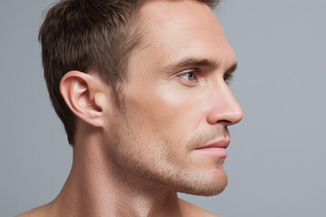 Fototapeta premium Side profile of man face with clean glowing skin and visible pores closeup beauty concept
