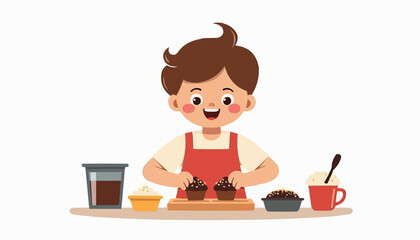 Happy boy baking cupcakes with chocolate in a bright kitchen  