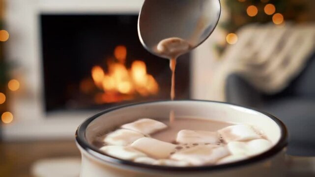 Chocolate quente sendo mexido em uma caneca de cer&acirc;mica, com vapor subindo e pequenos marshmallows derretendo no topo