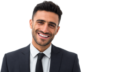 Smiling businessman in formal suit, isolated on white background, showing confidence and professionalism.