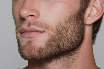 Obraz premium Close up of man lips and chin with light beard showing natural skin texture and facial hair detail in soft lighting