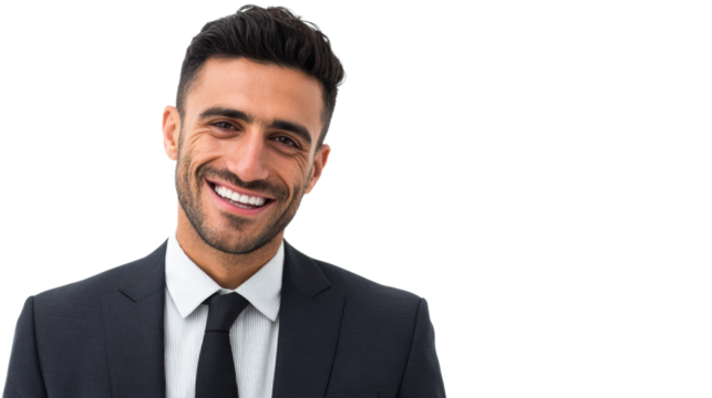Smiling businessman in formal suit, isolated on white background, showing confidence and professionalism.