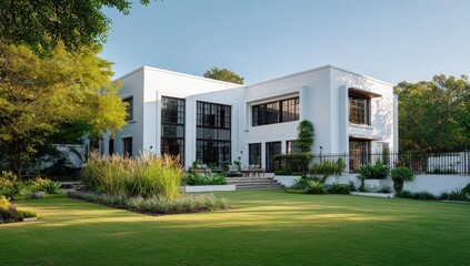 Fototapeta premium Large white house with black trim and expansive lawn, surrounded by greenery