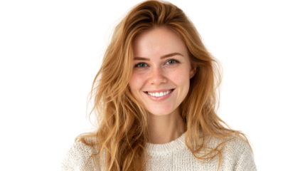Smiling woman with long blonde hair wearing a light sweater, isolated on a white background.