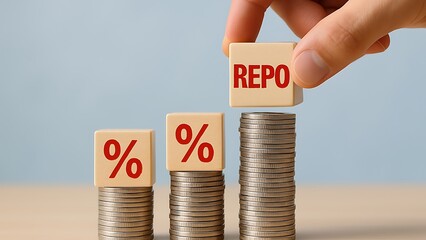 Hand placing a cube with the word repo on a stack of coins