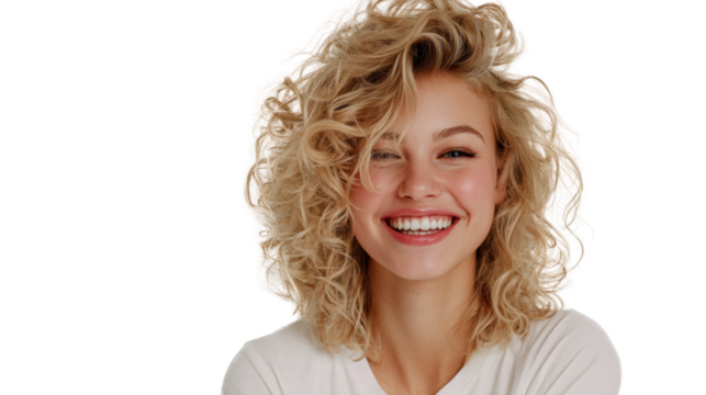 Smiling young woman with curly hair, bright expression, natural beauty, isolated on white background.