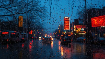 Rainy night city lights reflected on a wet window.
