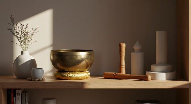 Serene Minimalist Still Life: Golden Singing Bowl, Wooden Mallet, and Dried Flowers on Wooden Shelf
