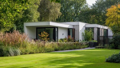 Modern house with grassy lawn, surrounded by trees and vegetation in Autumnal light