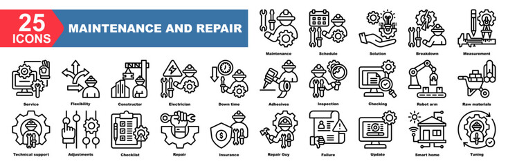 Naklejka premium Maintenance And Repair icon collection set.Maintenance,Schedule,Solution,Breakdown,Measurement,Service,Flexibility.Simple line vector.