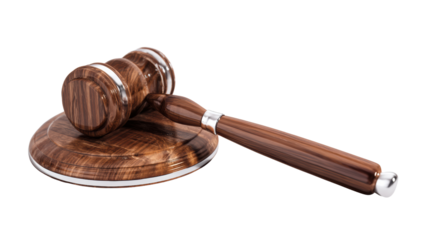 Wooden gavel on a sound block, symbolizing justice and law, white isolate background.