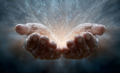 Sending out healing vibes to help raise your life force vibration - faith healer with cupped open hands transparent png file