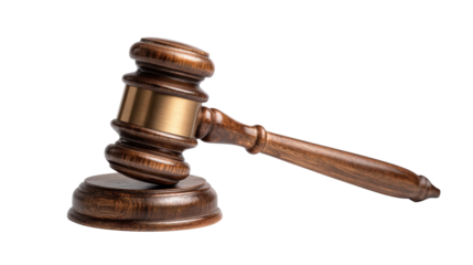 Wooden gavel on a white isolated background, symbolizing justice and law.