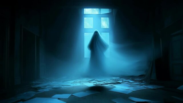 Glowing translucent figure hovering near window in dark room with scattered papers, illuminated in blue light
