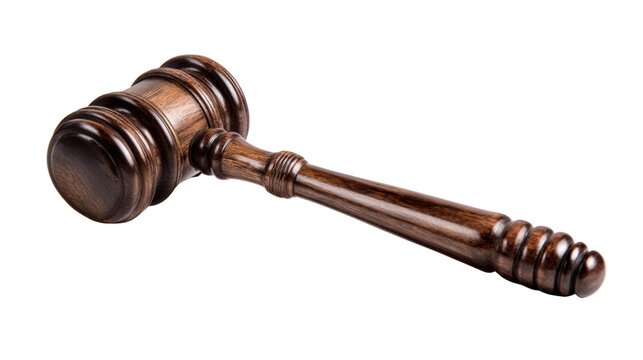 Wooden gavel isolated on a white background for legal or business themes.