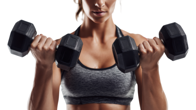Woman holding dumbbells, fitness workout, strong and healthy lifestyle, isolated on white background