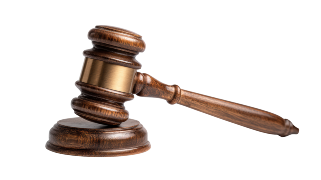 Wooden gavel on a white isolated background, symbolizing justice and law.