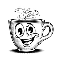 Retro Coffee Cup Outline with Cheerful Expression on Transparent Background