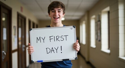 Excited boy holds a 'My First Day!' sign in a school hallway, ready for a new beginning.
