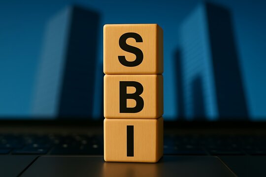 Wooden blocks spelling sbi with blurred modern buildings in background