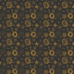 Repeating background of yellow hand-drawn sun, moon, stars sky objects on grey