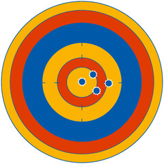 Dartboard with bullet holes and an arrow in the center, symbolizing aiming success in a sport or business competition, Vector illustration 