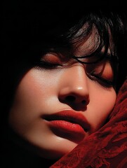 Close-Up of Asian Woman’s Face in Dramatic Red Light with Glossy Skin and Sensual Expression