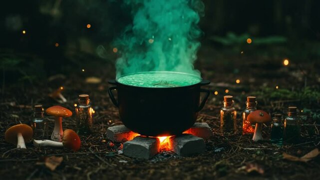Magical cauldron bubbling with green potion in forest at night  
