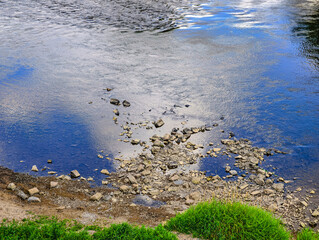 Tranquil River with Pebble Shore Reflection. High-Resolution Wallpaper for Phones, Tablets,...