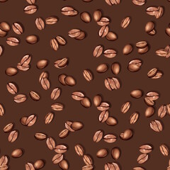 Brown seamless pattern coffee beans. Hand-drawn illustration background.