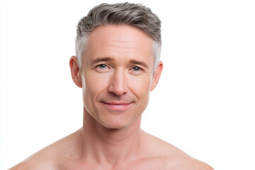 Obraz premium Mature man with clean skin happy expression gray hair blue eyes looking at camera isolated on white background natural beauty