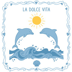 Cute cartoon dolphins jumping in blue ocean waves, a perfect summer illustration