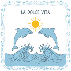Cute cartoon dolphins jumping in blue ocean waves, a perfect summer illustration